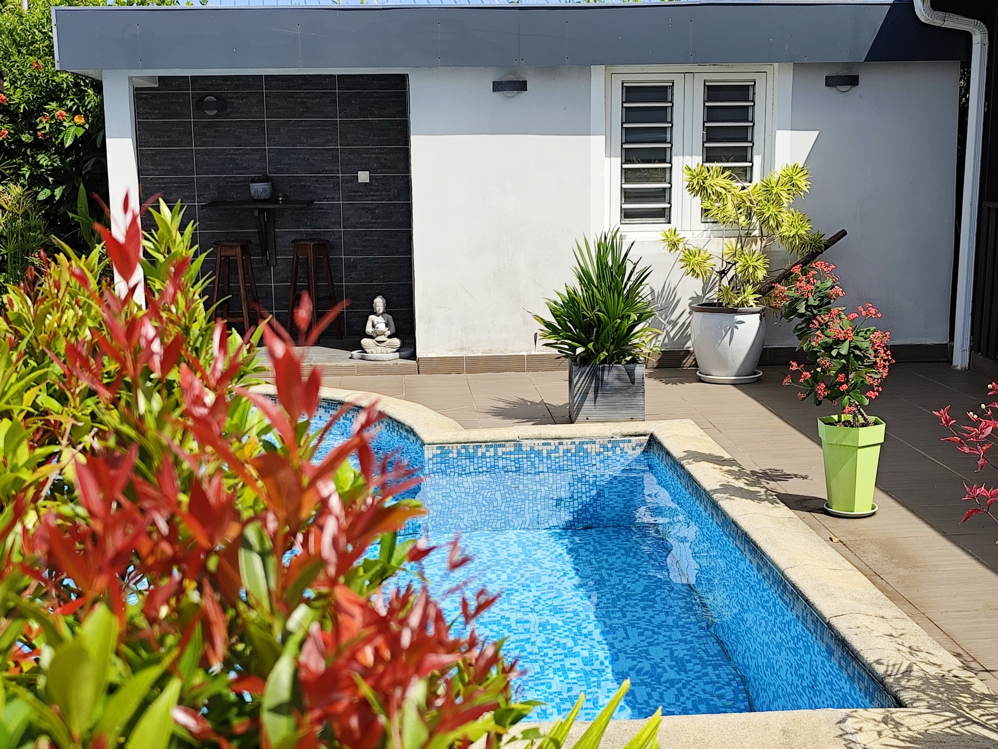 Piscine et petit Bouddha dans le jardin